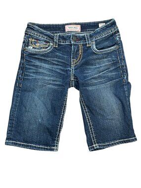 Mek Denim New York Bermuda Jean Shorts Size 25 Dark Wash Distressed Stitching Wo